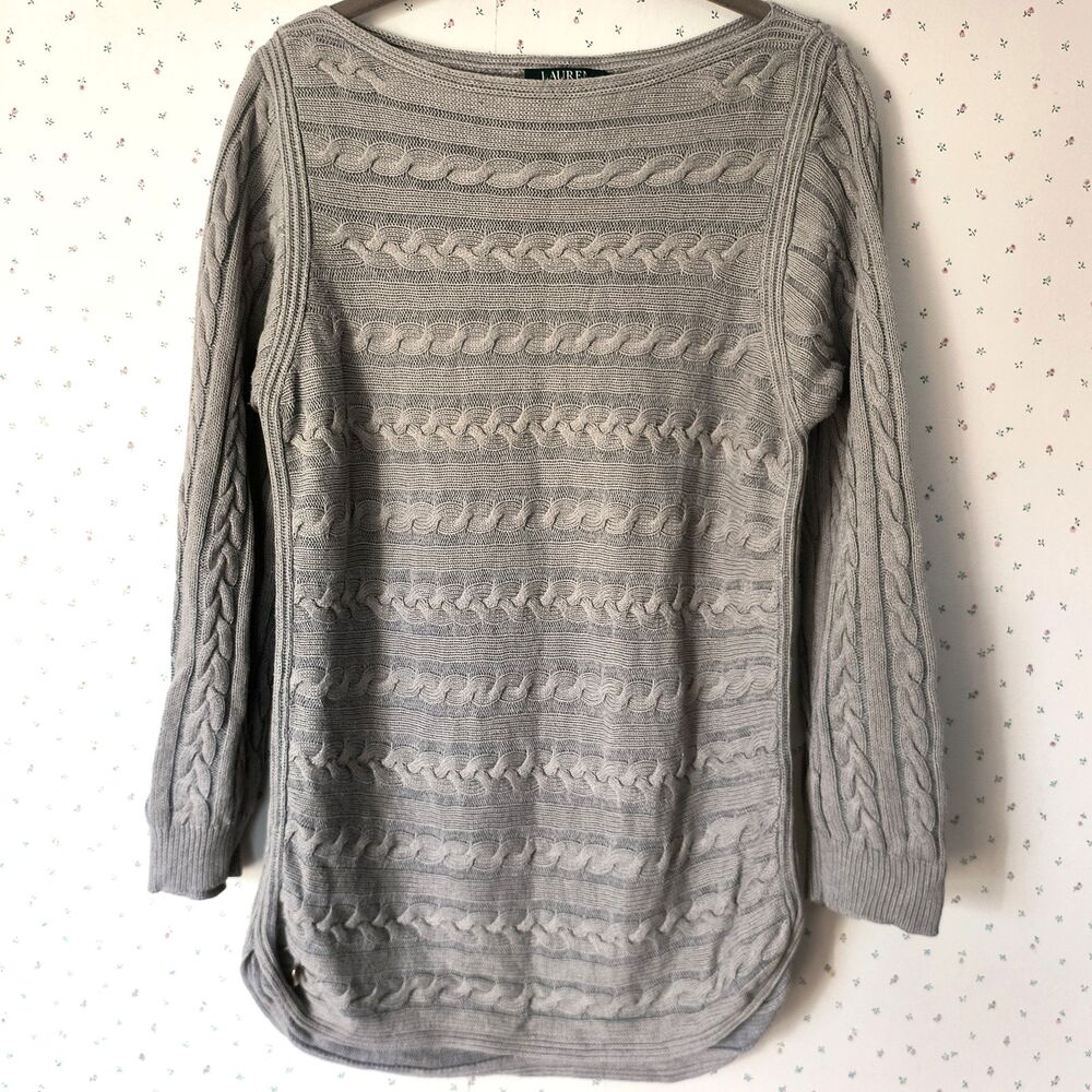Lauren Ralph Lauren Sweater Women XL* Gray Cable Knit Cotton Hi Lo *Minor Flaws*